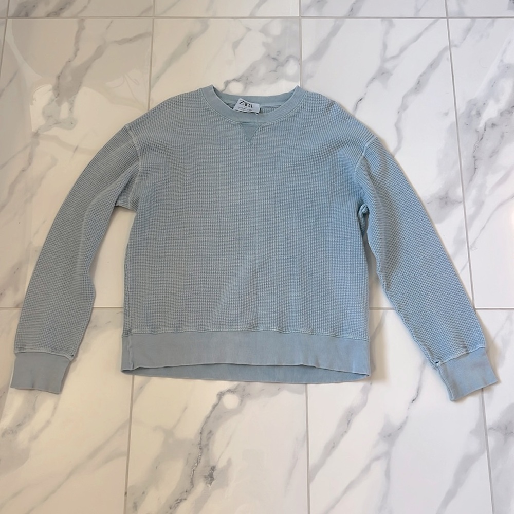 Zara Cotton Thermal Blue Washed Distressed Long Sleeve Unisex 11/12